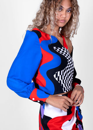 100% Crepe Polyester Red,Black,White and Blue Trippy Trip Top by West Carolina X Lacomedi For Women and Girls