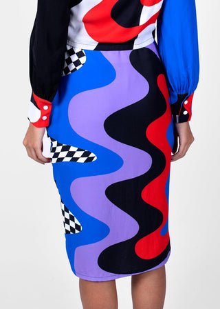 100% Crepe Polyester Red,Black,White and Blue Trippy Trip Skirt by West Carolina X Lacomedi For Women and Girls